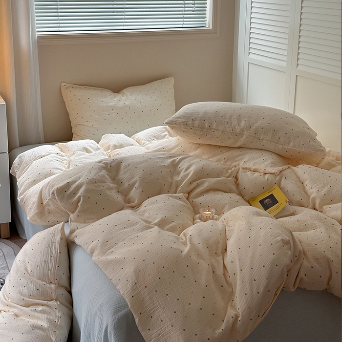 91家纺网 家纺一手货源 找家纺 萝莉家纺 2025新款全棉双层皱皱纱四件套 彩色波点