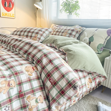 寐时代 2024新款A类有氧提花水洗泡泡棉四件套 格子熊