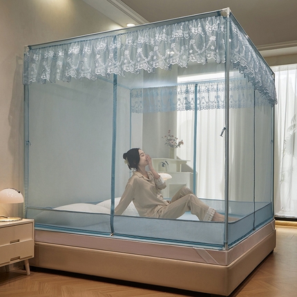 2024新款蕾丝T形三开门坐床式蚊帐 海岛蓝-床笠款-经典铁艺烤漆支架