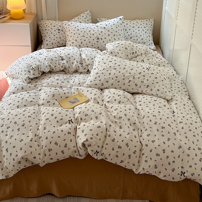 91家纺网 家纺一手货源 找家纺 萝莉家纺 2025新款全棉双层皱皱纱四件套 黑玫瑰