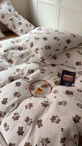 91家纺网 家纺一手货源 找家纺 萝莉家纺 2025新款全棉双层皱皱纱四件套 绅士熊