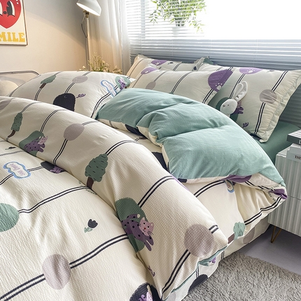 寐时代 2024新款A类有氧提花水洗泡泡棉四件套 猫咪日记