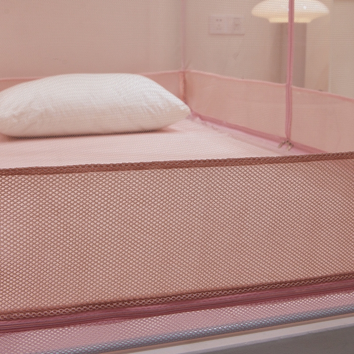 91家纺网 家纺一手货源 找家纺 2024新款蕾丝T形三开门坐床式蚊帐 玫瑰粉-床笠款-经典铁艺烤漆支架