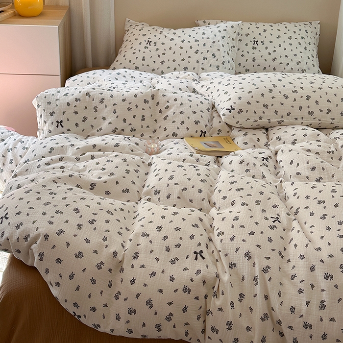 91家纺网 家纺一手货源 找家纺 萝莉家纺 2025新款全棉双层皱皱纱四件套 黑玫瑰