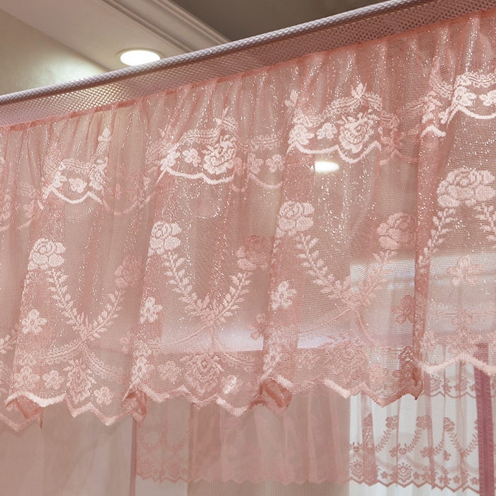 91家纺网 家纺一手货源 找家纺 2024新款蕾丝T形三开门坐床式蚊帐 玫瑰粉-床笠款-经典铁艺烤漆支架