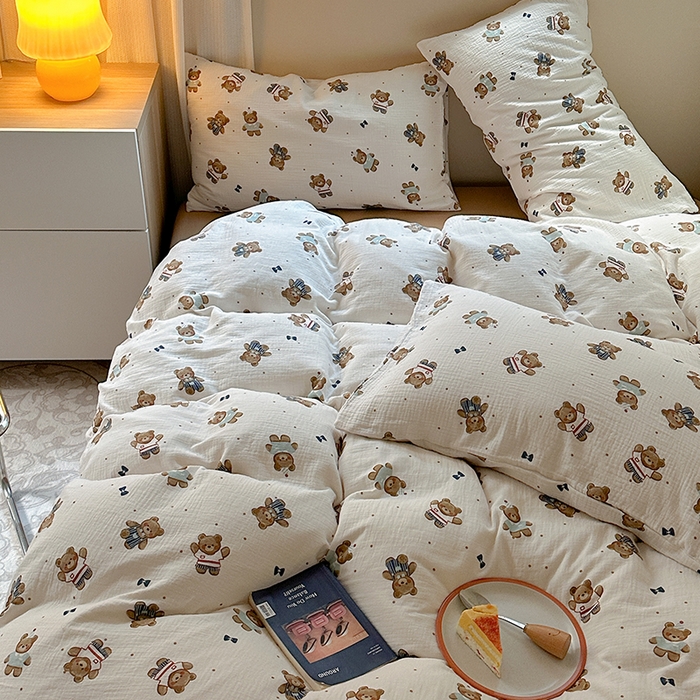 91家纺网 家纺一手货源 找家纺 萝莉家纺 2025新款全棉双层皱皱纱四件套 绅士熊