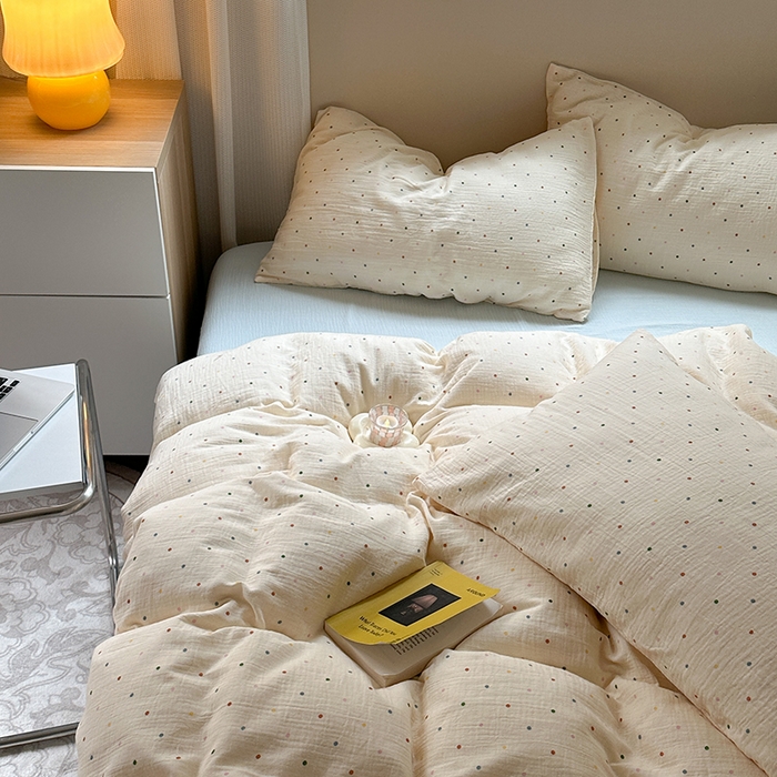 91家纺网 家纺一手货源 找家纺 萝莉家纺 2025新款全棉双层皱皱纱四件套 彩色波点