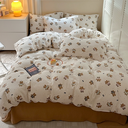 萝莉家纺 2025新款全棉双层皱皱纱四件套 绅士熊
