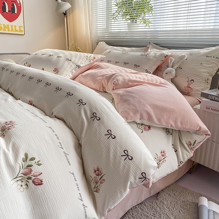 寐时代 2024新款A类有氧提花水洗泡泡棉四件套 小情歌