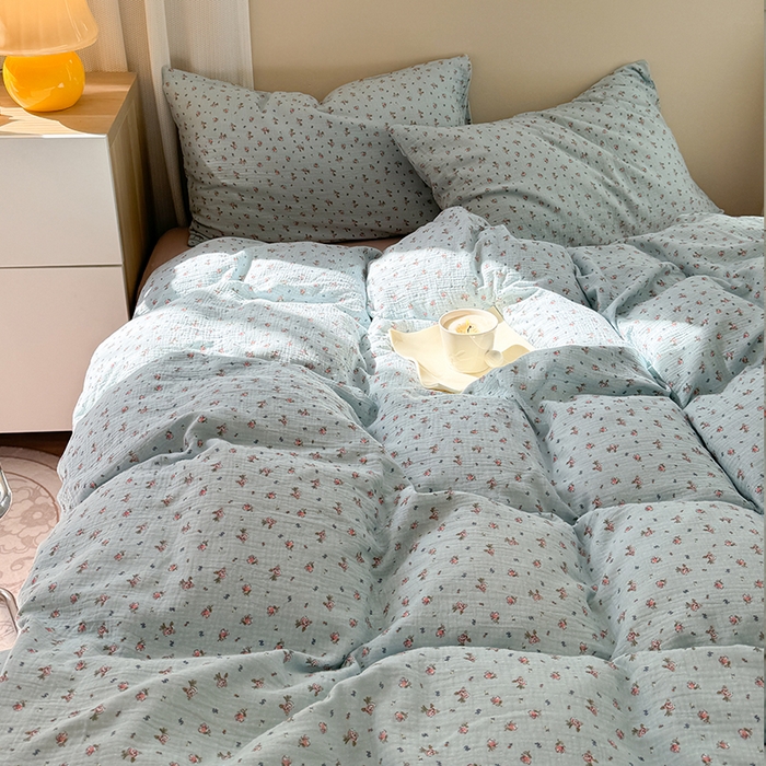 91家纺网 家纺一手货源 找家纺 萝莉家纺 2025新款全棉双层皱皱纱四件套 蓝栩