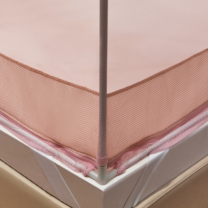 91家纺网 家纺一手货源 找家纺 2024新款蕾丝T形三开门坐床式蚊帐 玫瑰粉-床笠款-经典铁艺烤漆支架