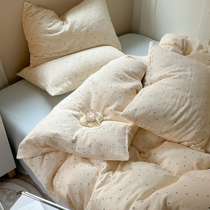 91家纺网 家纺一手货源 找家纺 萝莉家纺 2025新款全棉双层皱皱纱四件套 彩色波点