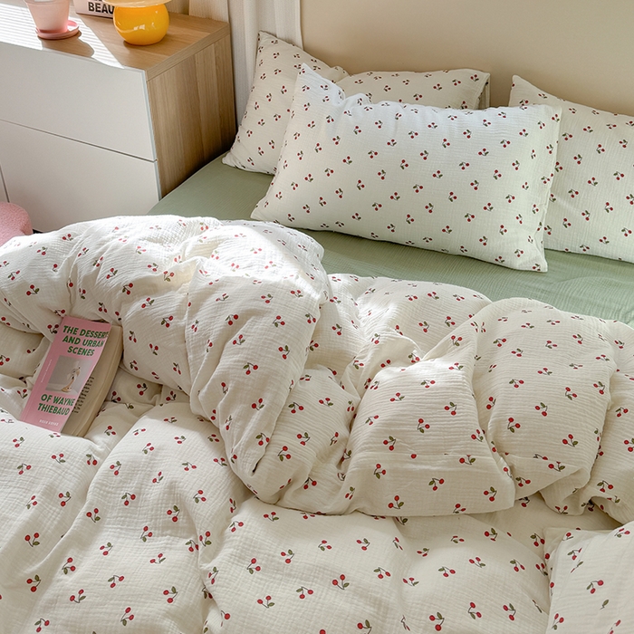 91家纺网 家纺一手货源 找家纺 萝莉家纺 2025新款全棉双层皱皱纱四件套 樱桃