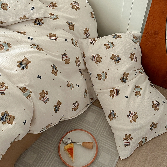 91家纺网 家纺一手货源 找家纺 萝莉家纺 2025新款全棉双层皱皱纱四件套 绅士熊