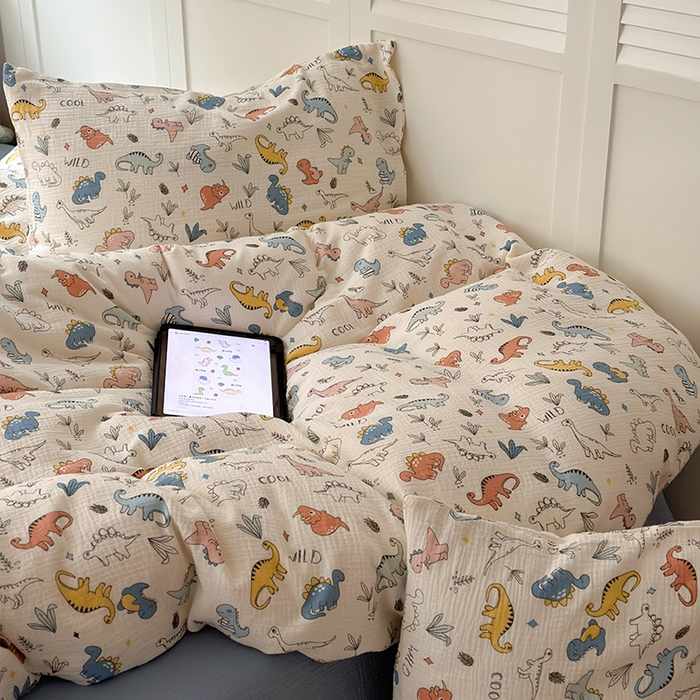 91家纺网 家纺一手货源 找家纺 萝莉家纺 2025新款全棉双层皱皱纱四件套 小恐龙