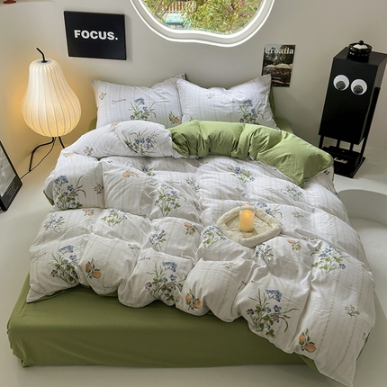 91家纺网 家纺一手货源 找家纺 阿曼达 2024春夏直播新款母婴级泡泡m皱皱纱水洗m印花四件套 秘密花园