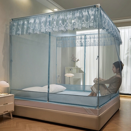 2024新款蕾丝T形三开门坐床式蚊帐 海岛蓝-全底款-经典铁艺烤漆支架