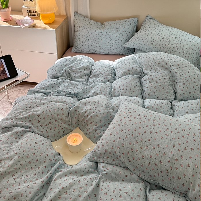 91家纺网 家纺一手货源 找家纺 萝莉家纺 2025新款全棉双层皱皱纱四件套 蓝栩