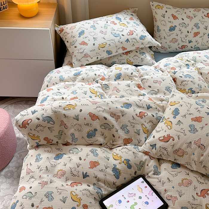 91家纺网 家纺一手货源 找家纺 萝莉家纺 2025新款全棉双层皱皱纱四件套 小恐龙