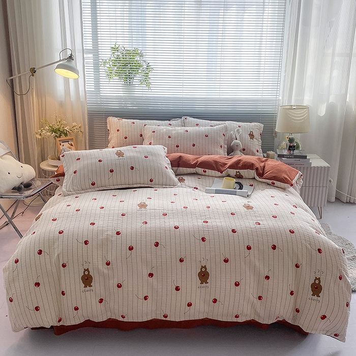 91家纺网 家纺一手货源 找家纺 寐时代 2024新款A类有氧提花水洗泡泡棉四件套 樱桃熊