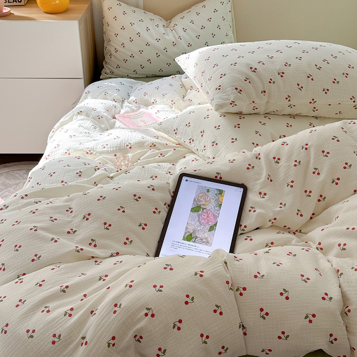 91家纺网 家纺一手货源 找家纺 萝莉家纺 2025新款全棉双层皱皱纱四件套 樱桃