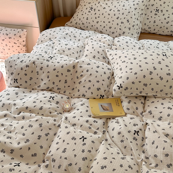 91家纺网 家纺一手货源 找家纺 萝莉家纺 2025新款全棉双层皱皱纱四件套 黑玫瑰