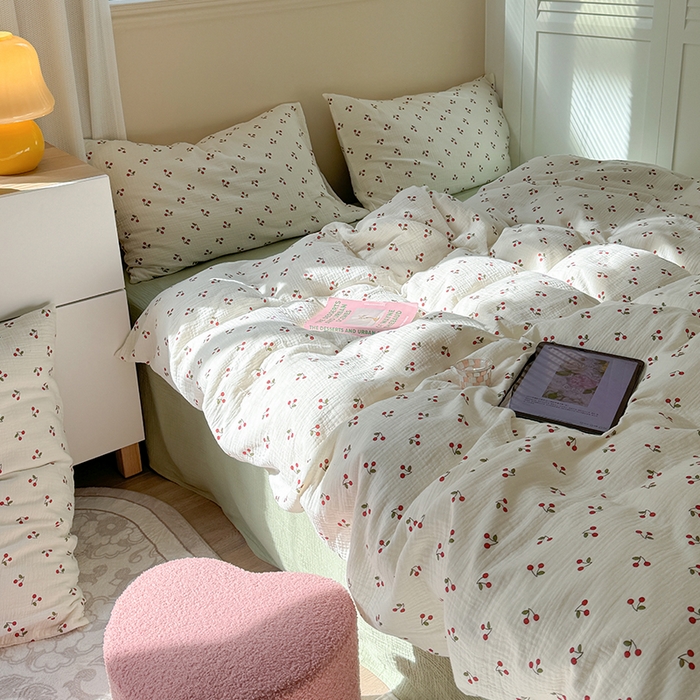 91家纺网 家纺一手货源 找家纺 萝莉家纺 2025新款全棉双层皱皱纱四件套 樱桃