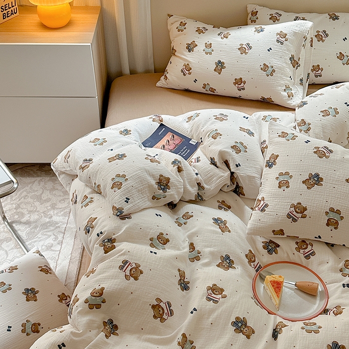 91家纺网 家纺一手货源 找家纺 萝莉家纺 2025新款全棉双层皱皱纱四件套 绅士熊