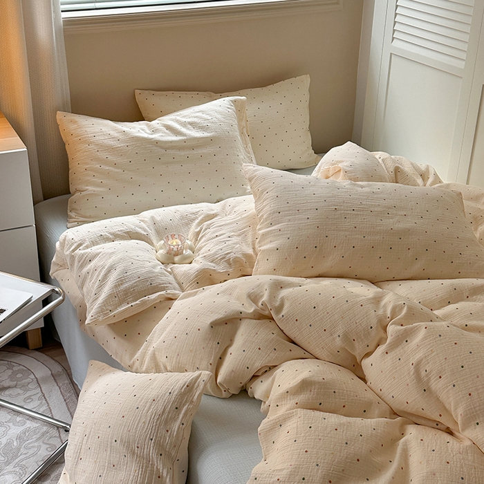 91家纺网 家纺一手货源 找家纺 萝莉家纺 2025新款全棉双层皱皱纱四件套 彩色波点