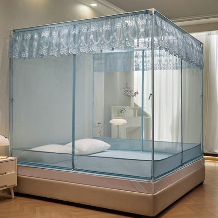 2024新款蕾丝T形三开门坐床式蚊帐 海岛蓝-全底款-自连接烤漆支架