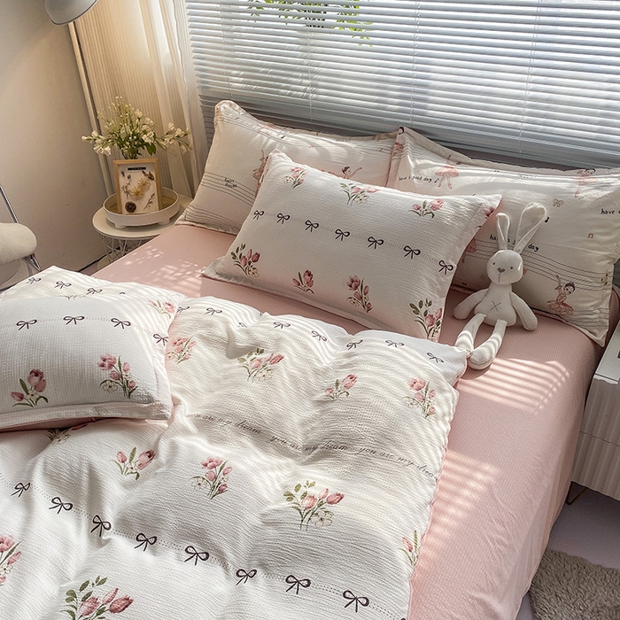 91家纺网 家纺一手货源 找家纺 寐时代 2024新款A类有氧提花水洗泡泡棉四件套 小情歌