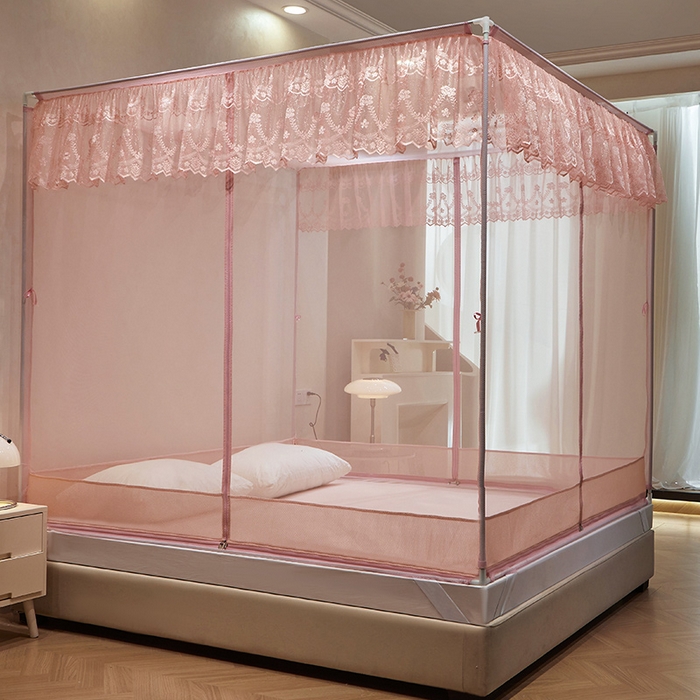 91家纺网 家纺一手货源 找家纺 2024新款蕾丝T形三开门坐床式蚊帐 玫瑰粉-床笠款-经典铁艺烤漆支架