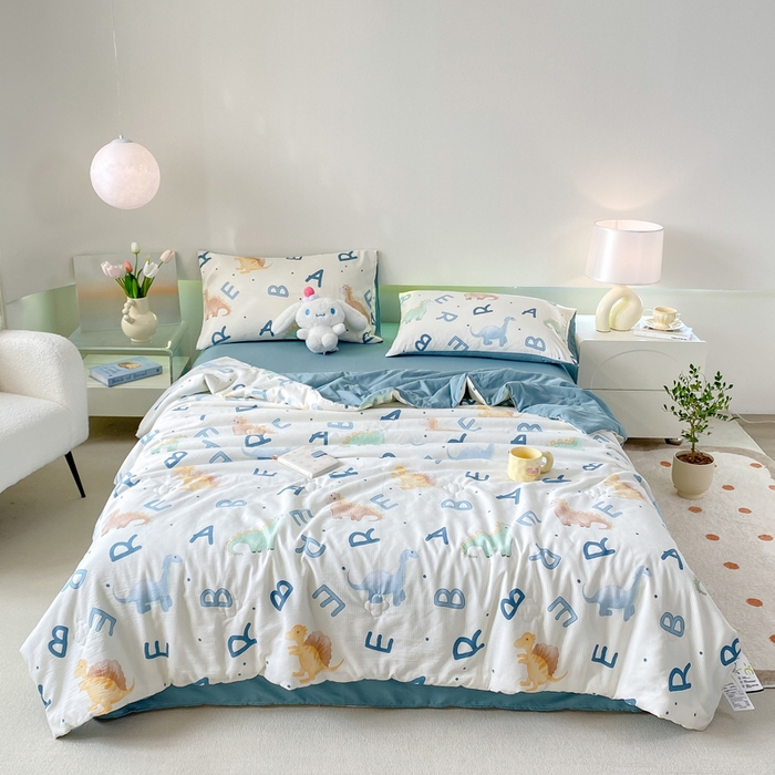 91家纺网 家纺一手货源 找家纺 憨豆 2025直播代发泡泡云朵棉印花夏被四件套系列 侏罗纪