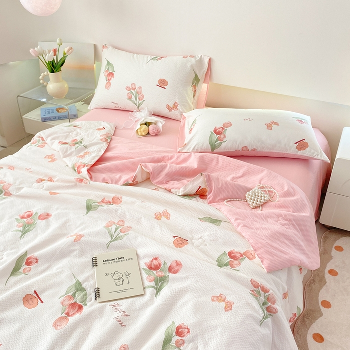 91家纺网 家纺一手货源 找家纺 憨豆 2025直播代发泡泡云朵棉印花夏被四件套系列 粉色伊人