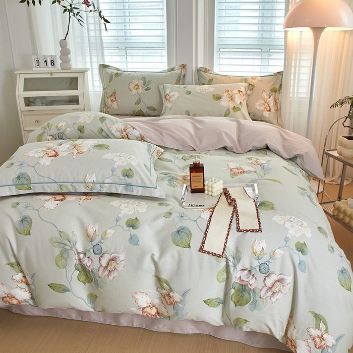 91家纺网 家纺一手货源 找家纺 沐白家居 2024新款全棉13376全棉印花四件套 悠悠花园-绿