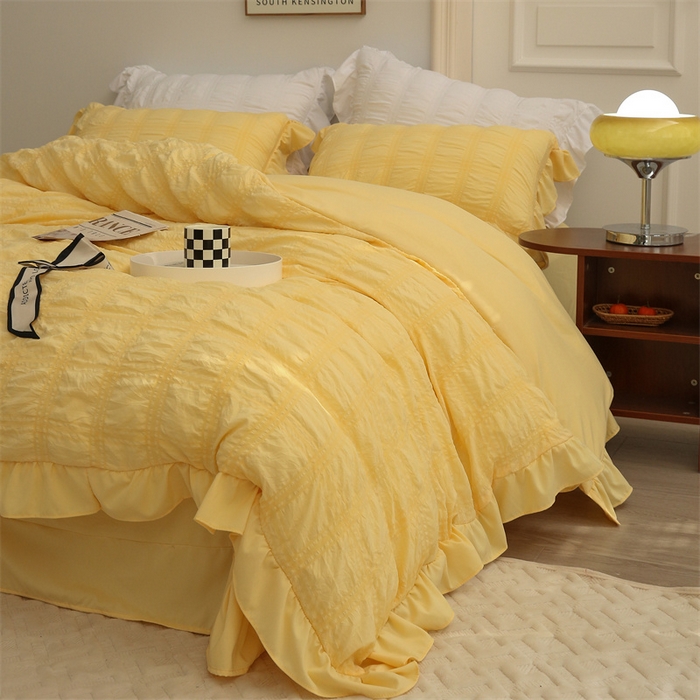 91家纺网 家纺一手货源 找家纺 仟网汇 2024新款韩版简约方格泡泡纱四件套 亮丽黄