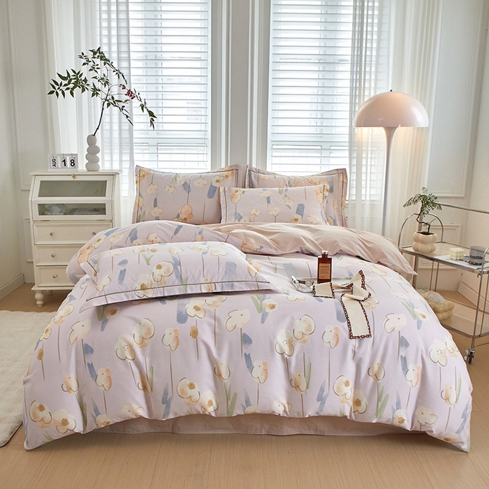 91家纺网 家纺一手货源 找家纺 沐白家居 2024新款全棉13376全棉印花四件套 木槿-粉