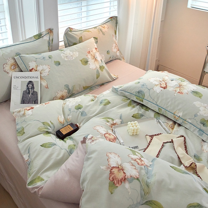 91家纺网 家纺一手货源 找家纺 沐白家居 2024新款全棉13376全棉印花四件套 悠悠花园-绿