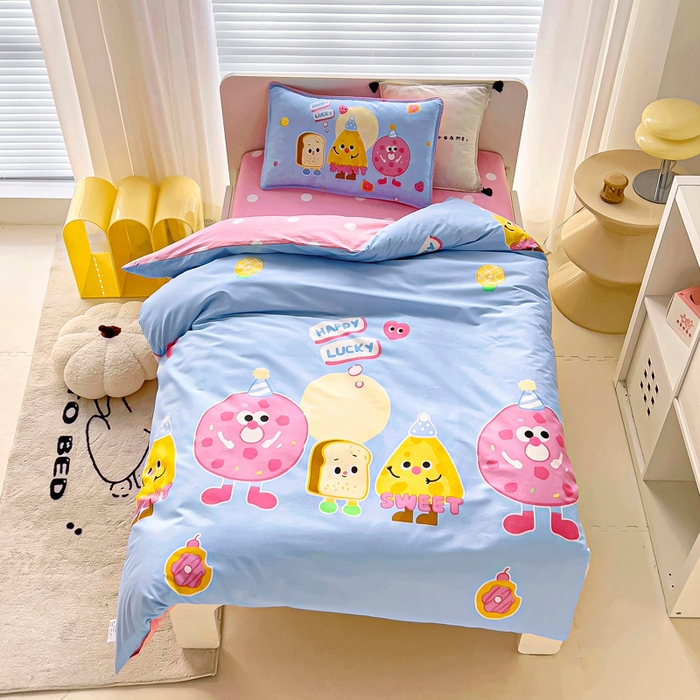 91家纺网 家纺一手货源 找家纺 乐秀 2025新款40S全棉13372幼儿园三件套六件套 快乐甜甜圈