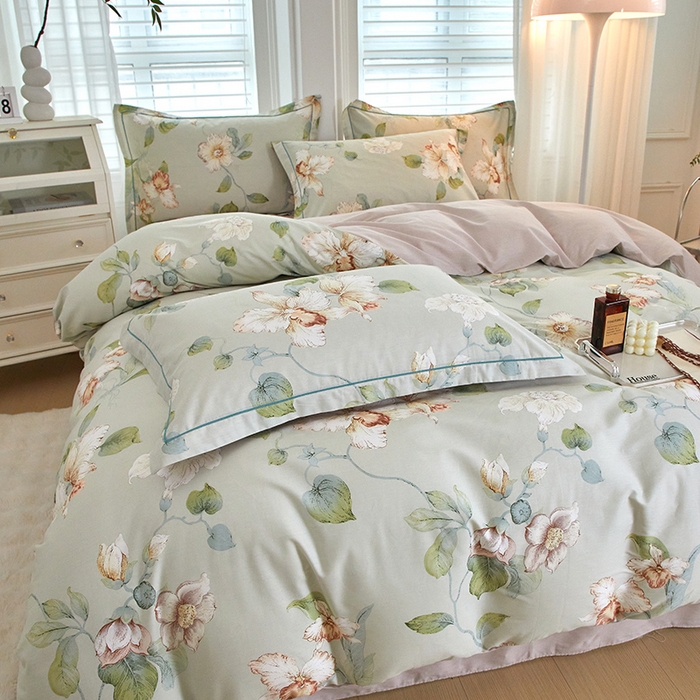 91家纺网 家纺一手货源 找家纺 沐白家居 2024新款全棉13376全棉印花四件套 悠悠花园-绿