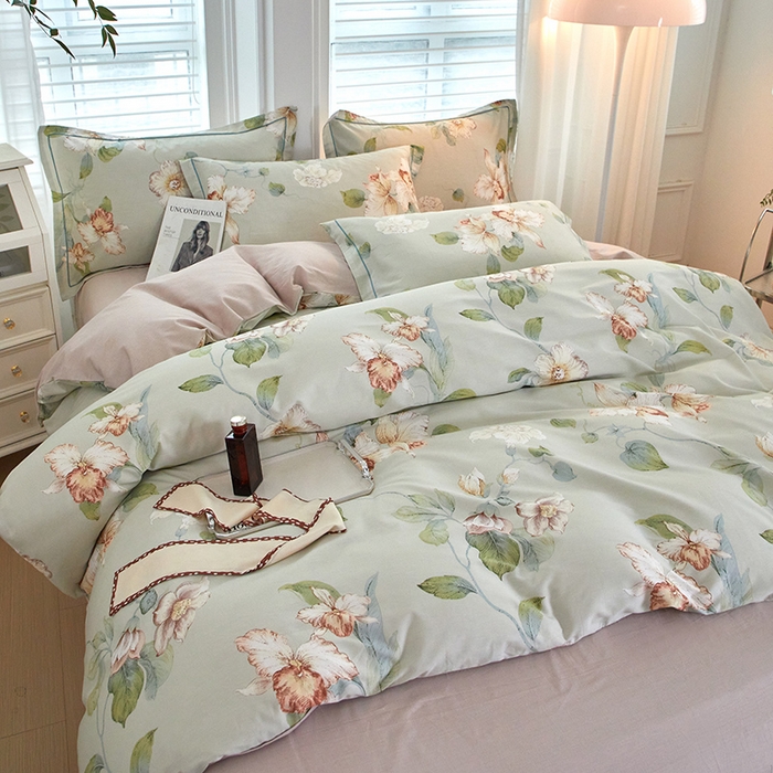 91家纺网 家纺一手货源 找家纺 沐白家居 2024新款全棉13376全棉印花四件套 悠悠花园-绿