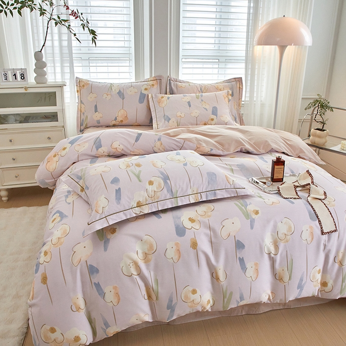 91家纺网 家纺一手货源 找家纺 沐白家居 2024新款全棉13376全棉印花四件套 木槿-粉