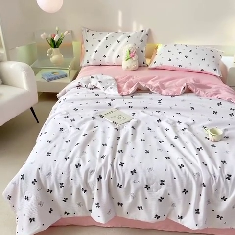 91家纺网 家纺一手货源 找家纺 憨豆 2025直播代发泡泡云朵棉印花夏被四件套系列 蝴蝶结