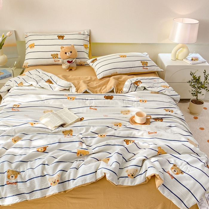 91家纺网 家纺一手货源 找家纺 憨豆 2025直播代发泡泡云朵棉印花夏被四件套系列 条纹熊