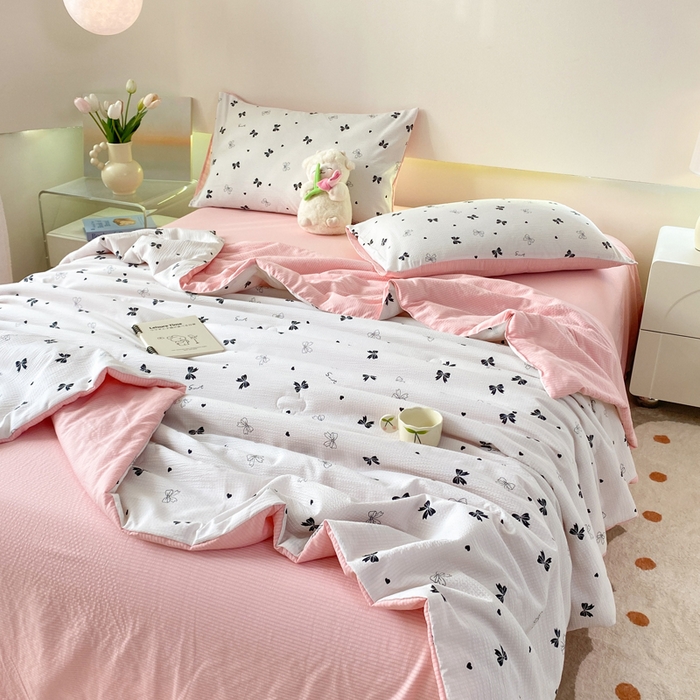 91家纺网 家纺一手货源 找家纺 憨豆 2025直播代发泡泡云朵棉印花夏被四件套系列 蝴蝶结