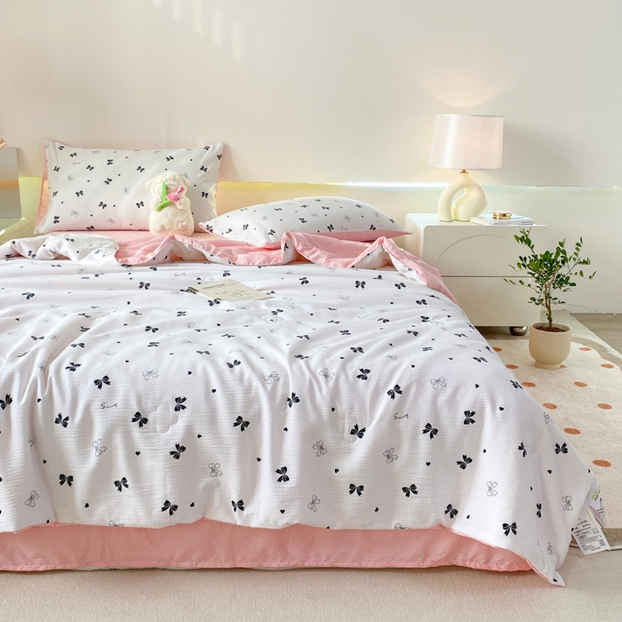 91家纺网 家纺一手货源 找家纺 憨豆 2025直播代发泡泡云朵棉印花夏被四件套系列 蝴蝶结