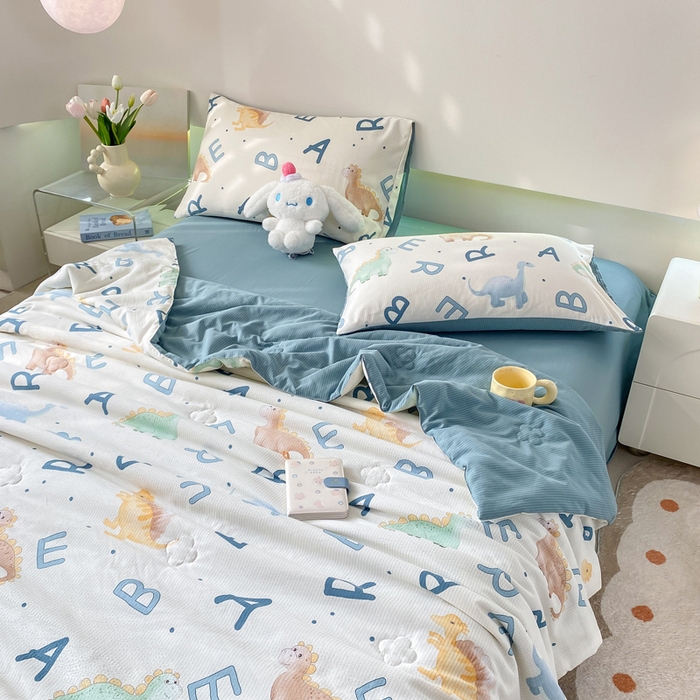 91家纺网 家纺一手货源 找家纺 憨豆 2025直播代发泡泡云朵棉印花夏被四件套系列 侏罗纪