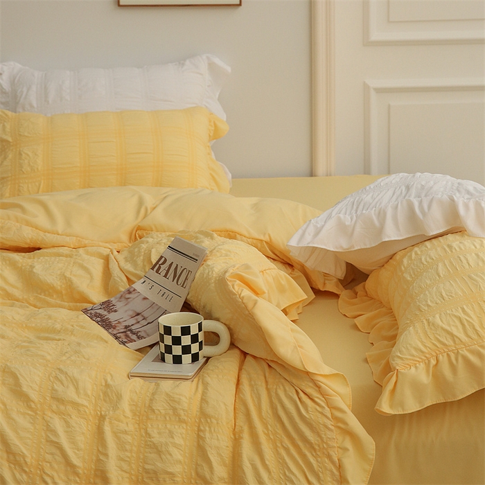 91家纺网 家纺一手货源 找家纺 仟网汇 2024新款韩版简约方格泡泡纱四件套 亮丽黄