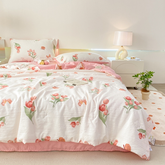 91家纺网 家纺一手货源 找家纺 憨豆 2025直播代发泡泡云朵棉印花夏被四件套系列 粉色伊人