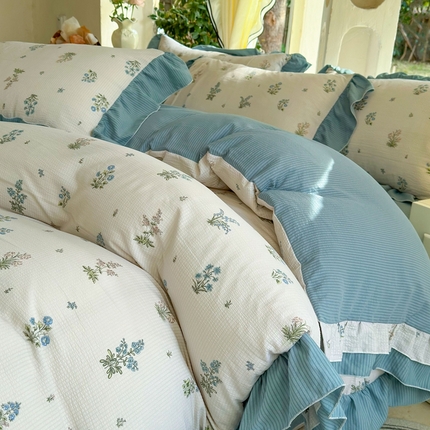 91家纺网 家纺一手货源 找家纺 仟网汇 2024新款韩版泡泡棉印花四件套  芷蓝